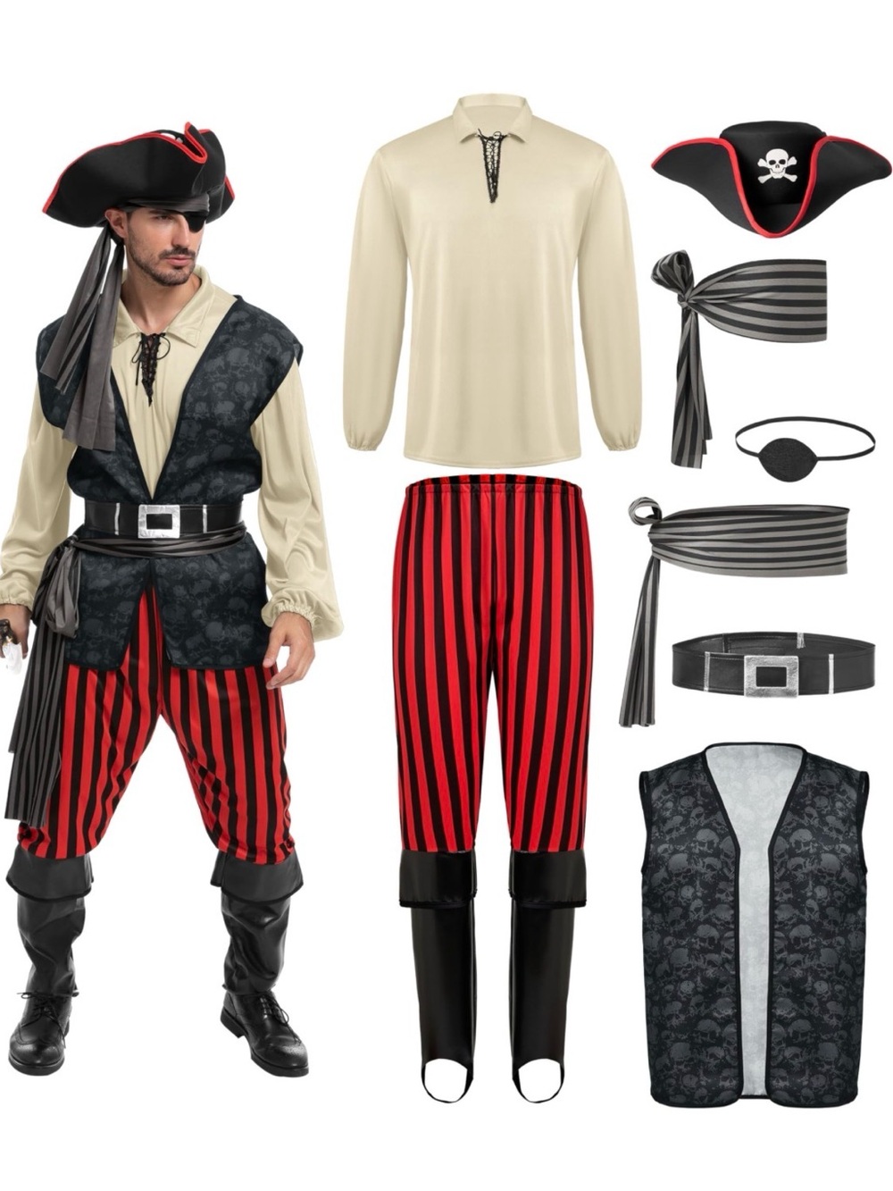 Men’s Pirate Costume XL Complete Halloween Cosplay Set Beige Black Red
